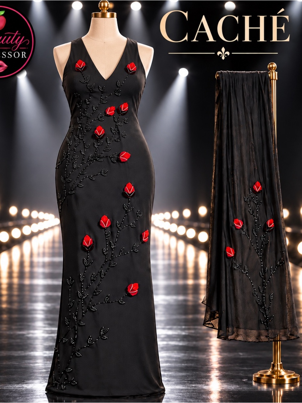 💕Vintage Caché Black Red Rose Beaded Maxi Dress & Shawl Size 10